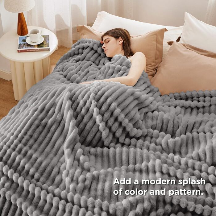 BEDSURE Плед-накидка для декору кімнати - вовняний та флісовий плед, накидка на диван, м'який теплий плед з грубої в'язки для дивану, плед для вітальні, покривало (230 x 270 см, сірий)