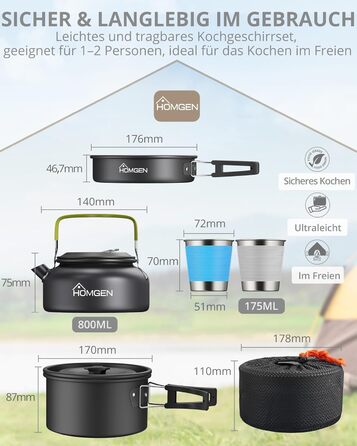 Набір посуду для кемпінгу HOMGEN: каструлі та сковорідки з алюмінію, легкий набір для 2-3 особи