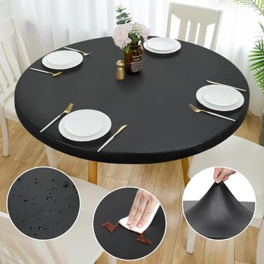 Rinpon Double Fitted PU Round Tablecloth, Anti-Tear Wipeable Elastic, Soft-Touch, Waterproof, Oil-Resistant (Black, 45