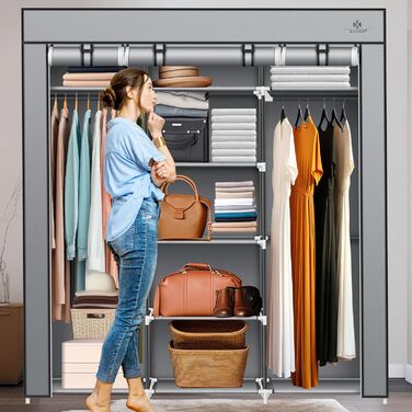 KESSER® Wardrobe Clothes Closet Stable with Clothes Rail & Shelves, Incl. 5x Clothes Hangers, Fabric Folding Closet for Bedroom, Dressing Room Wardrobe with Clothes Rack 150x45x175cm (Grey)