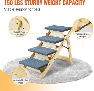 Дерев'яна сходинка для домашніх тварин VEVOR, 2-в-1, складана, для собак та котів, 4 сходинки, до 68 кг