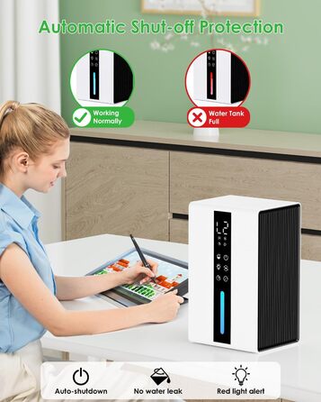 Електричний осушувач повітря 1.8L з антизаморожувальним захистом, 2 швидкості та 2 режими, таймер 48H, RGB підсвітка, для спальні, ванної кімнати та гуртожитку 1800 мл