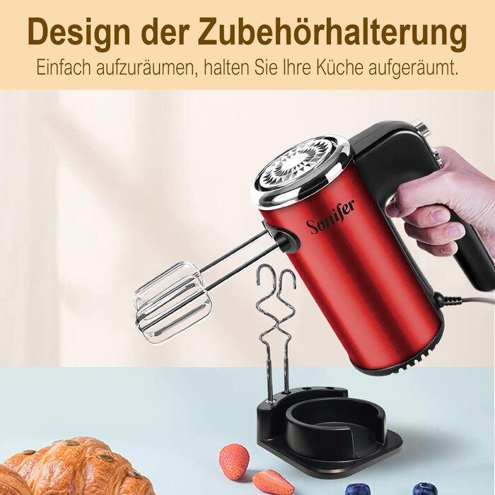 Ручний міксер Sonifer 400W з нержавіючої сталі, 5 швидкостей, Turbo-режим, тихий мотор, з набором аксесуарів (2 вінчики, 2 гаки, підставка), червоний