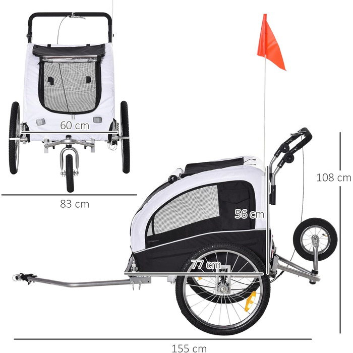 PawHut 2-в-1 Причіп для собак, велосипедний причіп для собак, візок для собак з відбивачами, прапором, причіп для собак PawHut, візок для собак, Oxford-тканина білий/чорний
