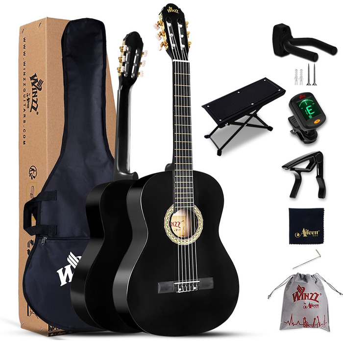Класична гітара Winzz 4/4 для дорослих та дітей (від 11 років), набір для початківців - Чорний глянцевий (39 дюймів)