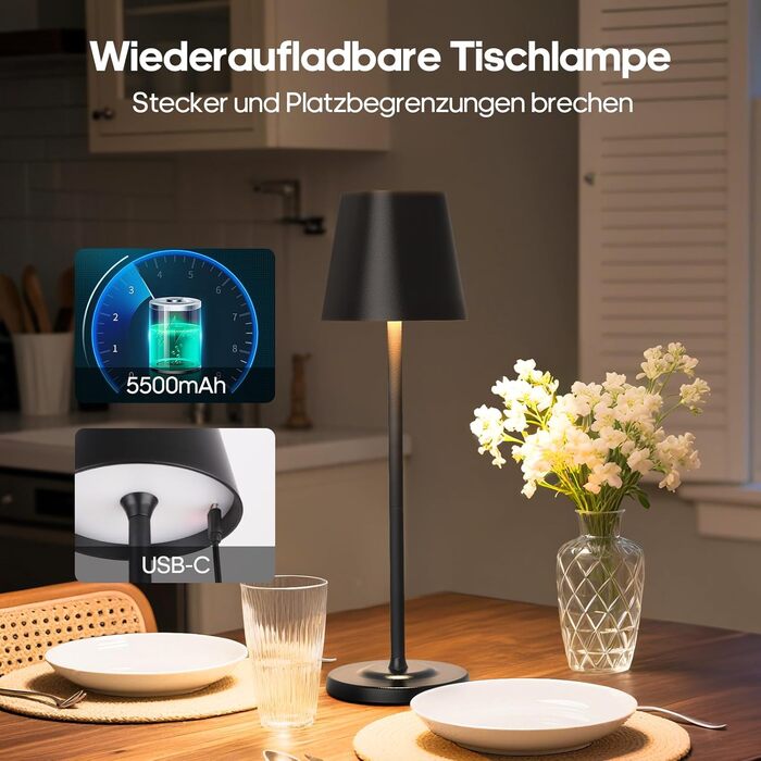 Світлодіодна настільна лампа 3-в-1 бездротова з акумулятором 5500mAh, регульована висота, димування, 3 кольори світла - USB акумуляторна настільна лампа металева водонепроникна сенсорна для дому та вулиці, чорна (набір 2 шт.)