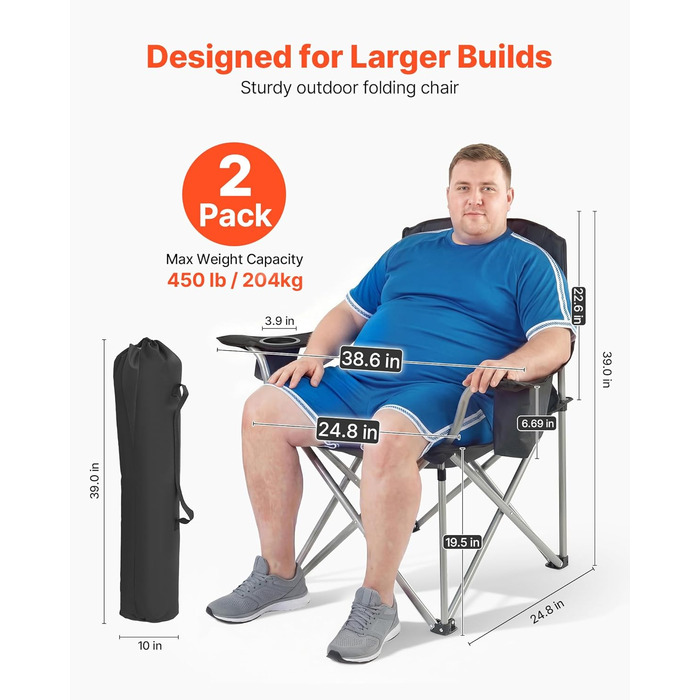 Складні кемпінгові крісла VEVOR 2 шт, надміцні (204 кг), з підлокотниками та підсклянником, для риболовлі та відпочинку на природі