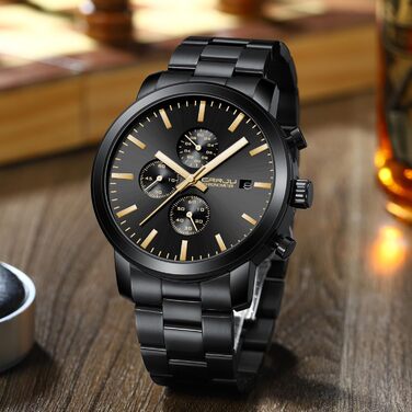 Чоловічий годинник CRRJU з хронографом, сталевий браслет, водонепроникний, з датою, аналоговий кварцовий годинник (чорний, золотий)