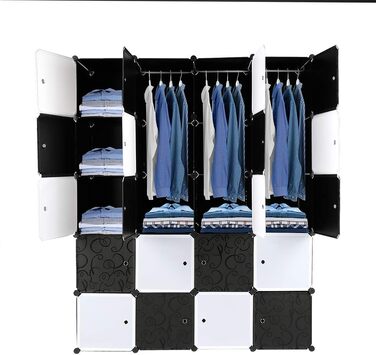 Regal system, 10 cubes, plastic wardrobe with doors, modular cabinet for space-saving storage, 70 x 45 x 175 cm, white door & black cabinet. Storage for clothing, shoes, etc. (140 x 45 x 175 cm, black and white)