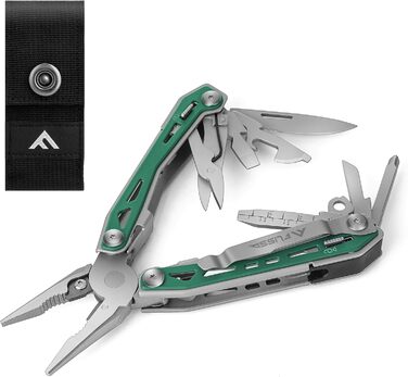 Мультитул FLISSA 16-в-1: мультиінструмент з нержавіючої сталі з ножем, ножицями, пилкою, відкривачкою для пляшок. Ідеально для кемпінгу, відпочинку на природі та ремонту. У комплекті сумка. Матовий зелений.