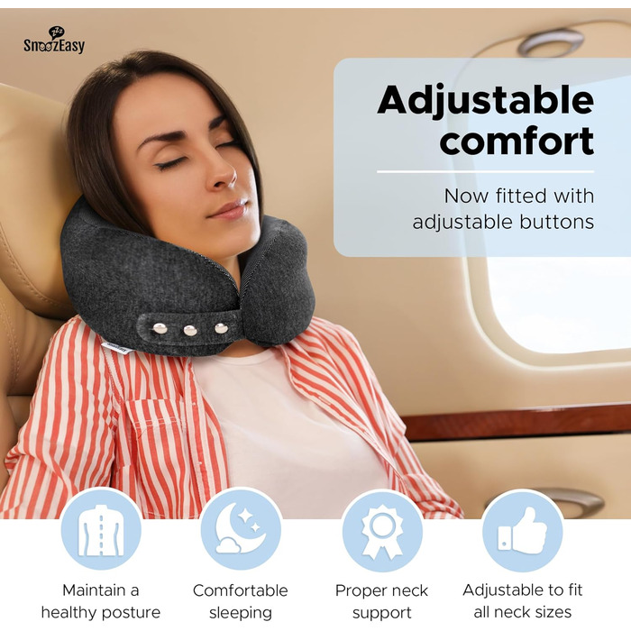 Подушка для шиї SnoozEasy™ для дорослих | Подушка для подорожей на літаку з memory foam | Регульована подушка з маскою для очей, навушниками, сумкою та карабіном | Бренд UK