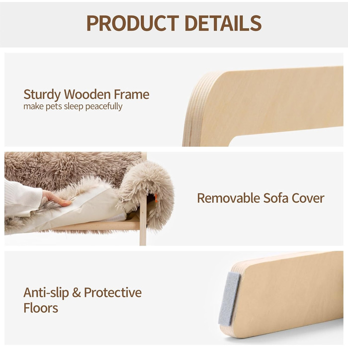 MEWOOFUN Elevated Cat Bed Sofa made of Wood, 56x45cm Sturdy Large Cat Sofa – Fashionable Cat Stool with Removable Mattress Cover. Holds up to 10 kg (Light Brown, 56x45cm)