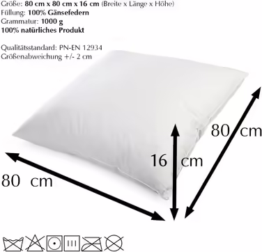 H&F Heimtextilien 4-Piece Set | Premium Quality | Pillowcases 80x80 cm | Filling: 1000 grams of Feathers, Goose Feathers | 100% Natural Pillow | Cover: 100% Cotton | Feather Pillow 80 x 80 cm | Oeko-TEX Certified 1000.0 grams 4
