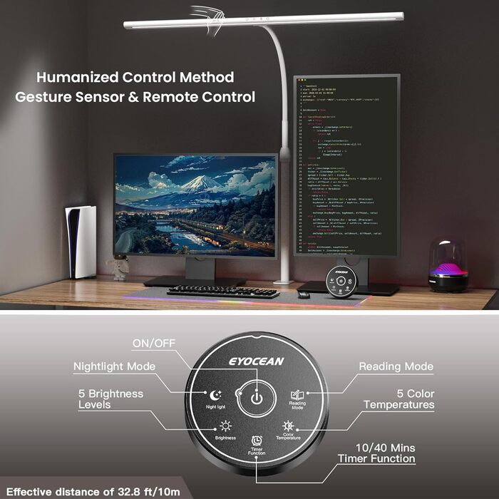 LED лампа настільна EYOCEAN 24W, 80см, з жестами, диммування, захист очей, для офісу, читання, архітекторів, дизайнерів