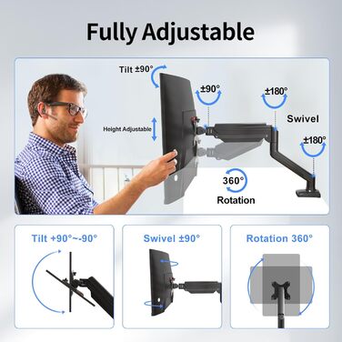 Кріплення для монітора Suptek MD01A: підходить для моніторів 13-32 дюймів, до 9 кг, газ-амортизатор, 360° оберт, регулювання висоти, нахил, VESA 75x75/100x100 мм, чорний