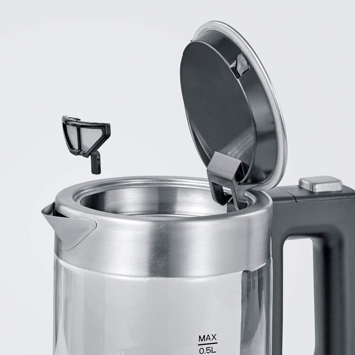 SEVERIN Mini Glass Kettle 0.5 L, powerful and compact with a high-quality design, electric kettle with scale filter, stainless steel/black, WK 3472