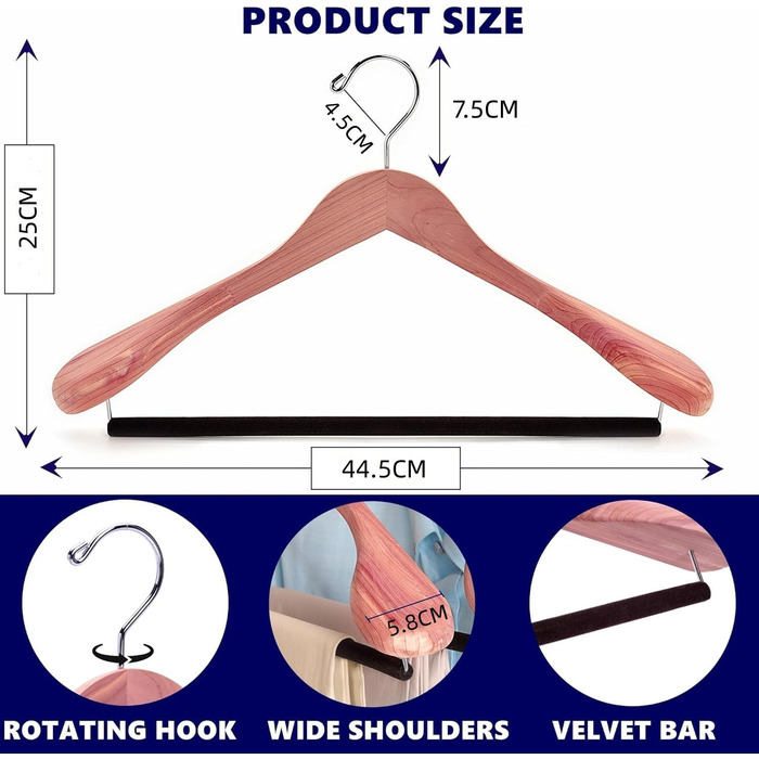 Amber Home 5-Piece 44.5cm Cedar Wood Clothes Hangers with Wide Shoulders (5.8cm), Natural Cedarwood Hangers with Round Bar for Suit, Jacket, Coat, Shirt, Pants
