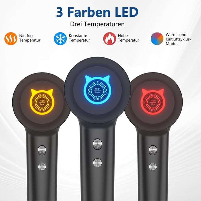 Föhn Ionen Supersonic Hair Dryer: 200 Million Negative Ion Hair Dryer with Quiet, Fast 110,000 RPM Motor, 57dB, Intelligent Thermostat for Travel - Dark Gray
