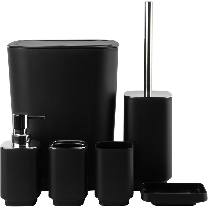 Сучасний набір для ванної кімнати на 6 предметів (білий) з дозатором мила, тримачем для зубних щіток, мильницею, WC-щіткою, відром та стаканом (чорний метал)