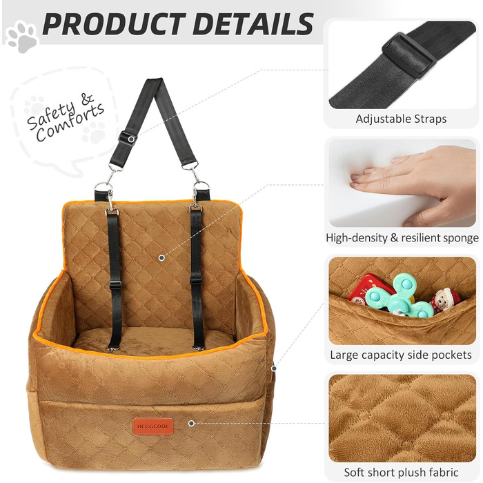 Автомобільний лежак для собак, підходить для малих та середніх порід, з кишенями для зберігання, поводок, посилений лежак для собак у авто, підходить на заднє та переднє сидіння (Колір: Коричневий)