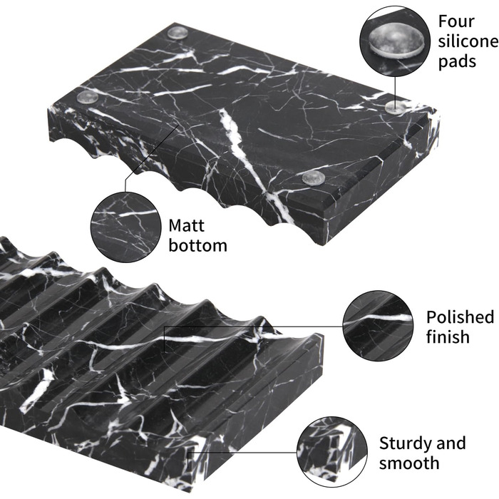 Скляна миска для мила з отвором, мармур, прямокутна, хвиляста, самостійно спорожняється, для ванної кімнати, кухні (чорний/білий)