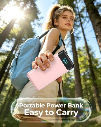 Power Bank Enerwow 27000mAh з USB-C кабелем, 4 порти, LED дисплей - Зовнішній акумулятор для iPhone та інших пристроїв (Рожевий, P300C)