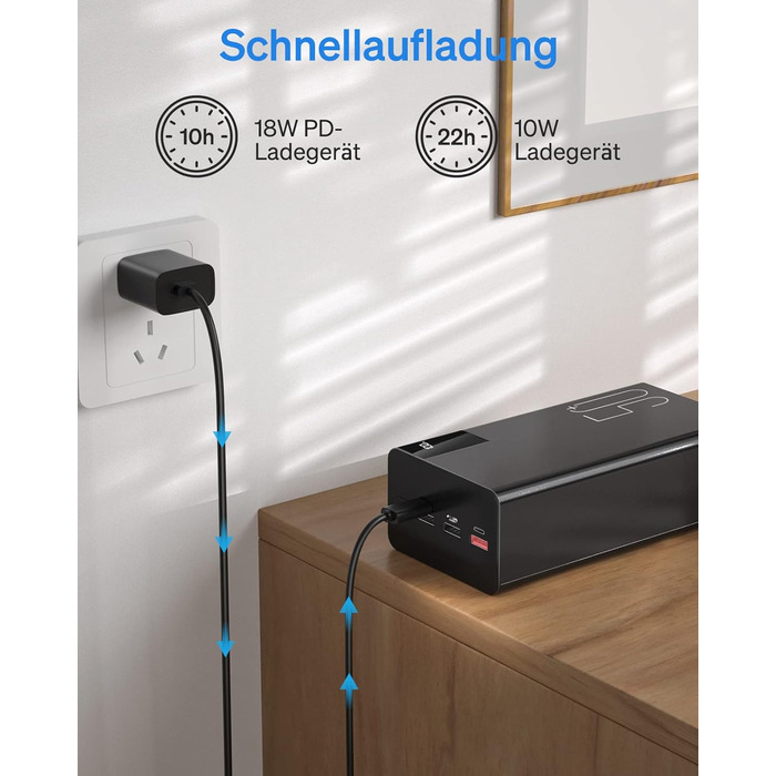 Power Bank 50000mAh: Портативний зарядний пристрій з великою ємністю 2×25000mAh, швидка зарядка 22,5W, ліхтарик, чорний