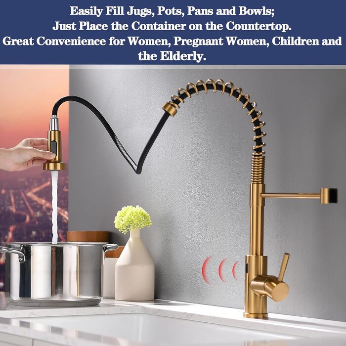 Інфрачервоний сенсорний кран для кухні з висувною лійкою, кухонна арматура 360° обертання, змішувач для кухні, одноручний змішувач, кран з спіральною пружиною, кран для мийки, щіткове золото, інфрачервоний сенсор