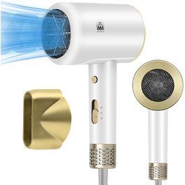 Професійний фен 2000W з регулюванням температури та швидкості, насадка-концентратор, холодний струмінь повітря для дому, салону краси та подорожей (білий)