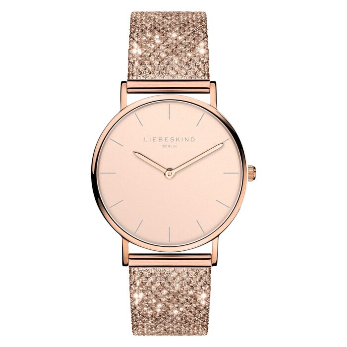 Годинник жіночий LIEBESKIND BERLIN – кварцовий, 34 мм, сітка з гліттером, водостійкий 5ATM, рожеве золото