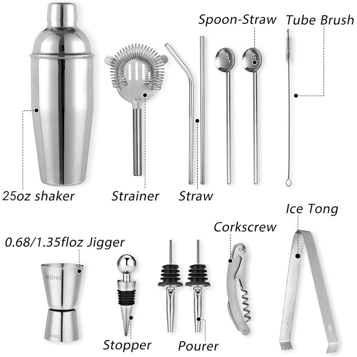 Cocktail Set, Godmorn Stainless Steel Shaker Set, 15-Piece Bartender Set with Improved Bamboo Stand, Recipe Book, Measuring Jigger, and Bar Spoon, 550 ml Gift Set for Home or the Bar
