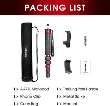 Монопод для камери Manbily 36mm, 6 секцій, 44-174см, з алюмінію, з ручкою-гніллом, до 18кг, з кріпленням для телефону, червоний