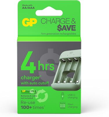 Зарядний пристрій GP Charge&Save для батарейок AA AAA з USB-C, 4 слоти, швидка зарядка, LED-індикатор, компактний дизайн