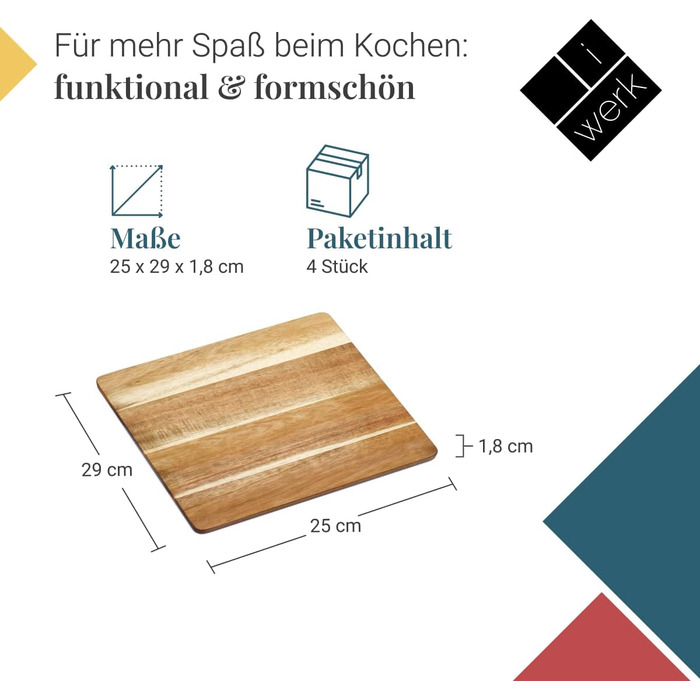 4-Pack Acacia Cutting Boards | 4 Large Kitchen Boards Made of Sustainable Acacia Wood | Discover Oiled Wooden Cutting Boards for Kitchen & Catering