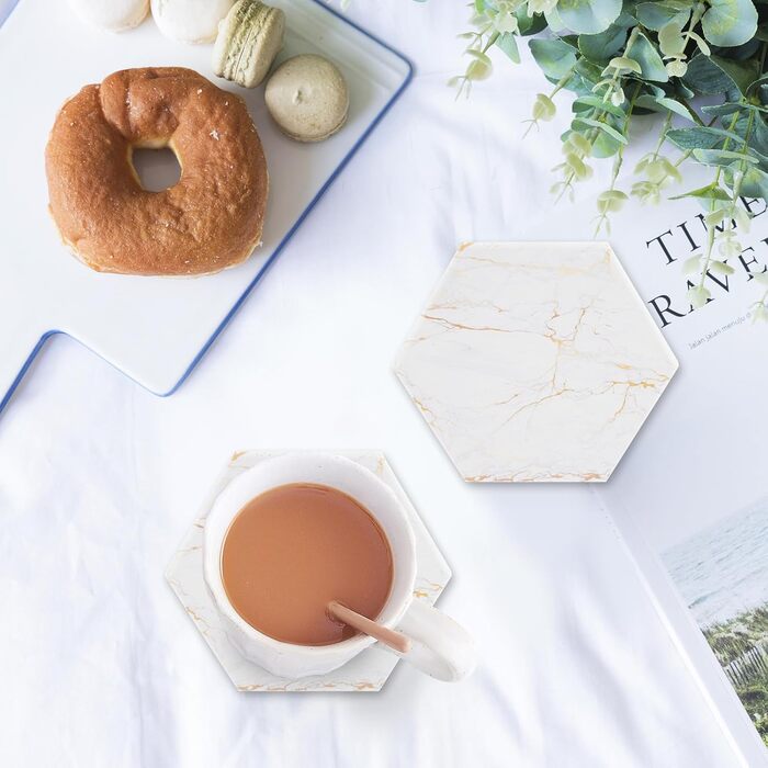 Marble-Style Coasters, Set of 6 - Drink Coasters for Wood Table with Metal Holder - Gold-Colored Ceramic Cup Set - Rustic Home Decor, Room Decor, Party (Luxury White-Gold Marble 01)