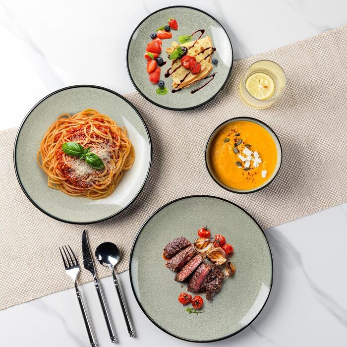 Набір посуду з каменю GBhome на 6 осіб (18 предметів), ручна робота, реактивна глазур, мікрохвильова та посудомийна машини, набір тарілок та мисок Desret Salbei