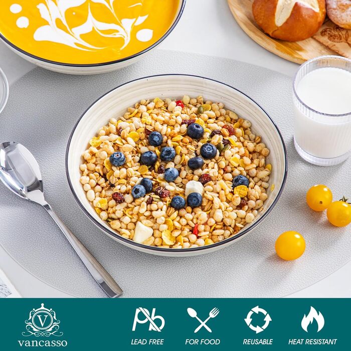 Набір тарілок для супу Vancasso Bonbon (6 шт.), кераміка, 21.7 x 5.5 см. Глибокі тарілки для супу, пасти, рамену, салату. Можна мити в посудомийній машині та використовувати в мікрохвильовці. Бежевий колір.