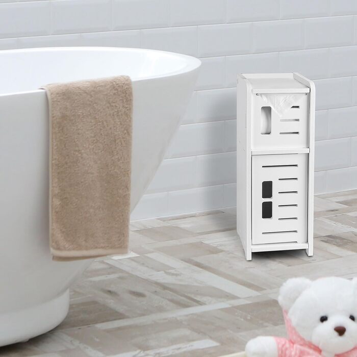PVC Toilet Paper Holder with Brush - 2-in-1 Bathroom Organizer - White (39cm)