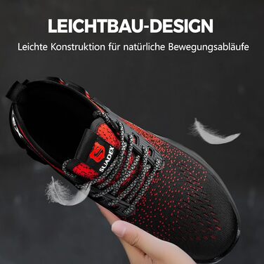 Зручні робочі черевики Suadex з металевим носком для чоловіків та жінок. Дихаючі, розміри 37-48 EU, колір червоний