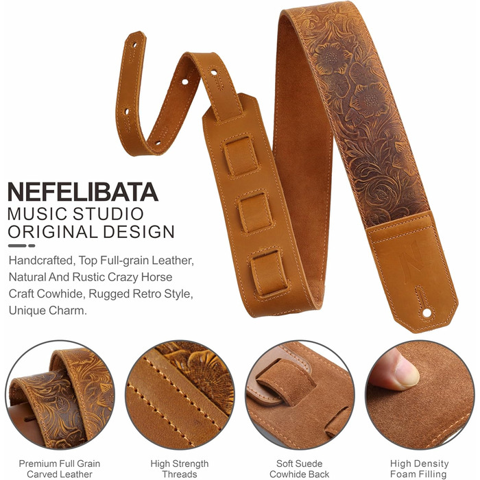 Шкіряний гітарний ремінь Nefelibata 2.3' з повним покриттям з тисненням Сахари (жовтий) для бас, електро та акустичної гітари