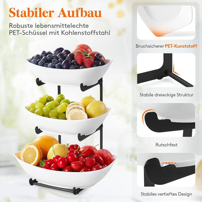 Підставка для фруктів та закусок Lifewit з 3 ярусами, біла, для буфетів, фруктів, снеків, овочів, тістечок, десертів, чорна