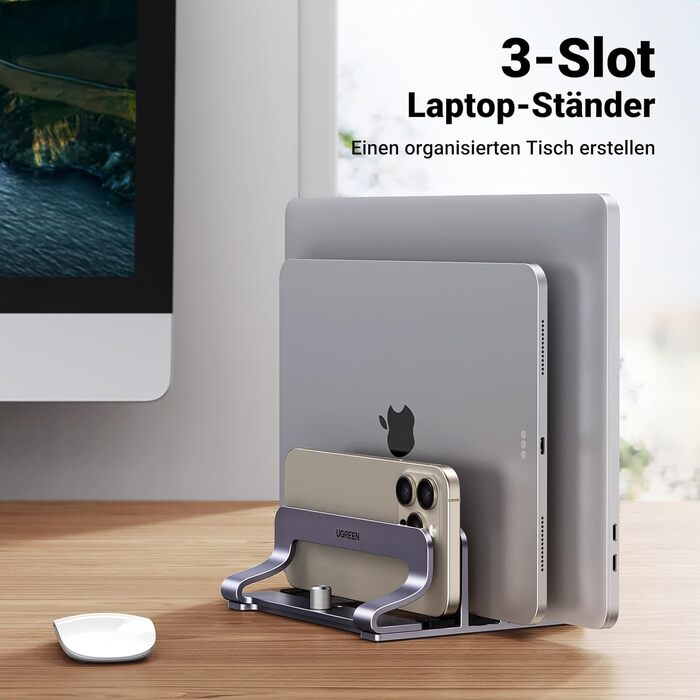 Підставка для ноутбука UGREEN з алюмінію (3 слоти) - вертикальна підставка для MacBook Pro/Air, iPad, Huawei, Surface, Dell, HP