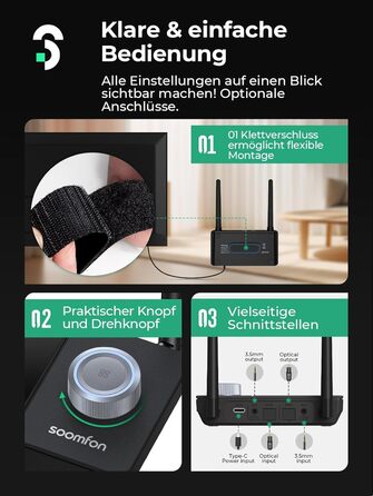 SOOMFON Bluetooth 5.3 Передавач-Приймач для 2 навушників, 3-в-1 Аудіоадаптер з подвійною антеною, Bluetooth Передавач-Приймач для ТВ/Стереосистеми, з регулюванням гучності, Aux/Cinch/Оптичний