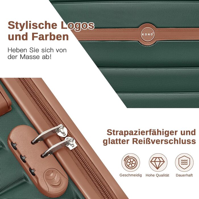 Чемодан KONO Reisekoffer Trolley 3-частинний з ABS+PC, жорсткий, з подвійними колесами та кодовим замком (великий 76 см, темно-зелений/коричневий)
