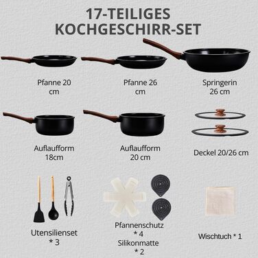 Набір каструль LEADZM з керамічним покриттям (22 частини) - сумісний з усіма плитами, без PFOA/PFOS, бежевий + чорний та натуральний кольори