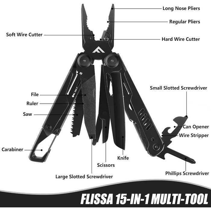 Мультитул FLISSA 15-в-1: ніж, пилка, ножиці, мультиінструмент для туризму, риболовлі та ремонту, з карабіном та чохлом, нержавіюча сталь