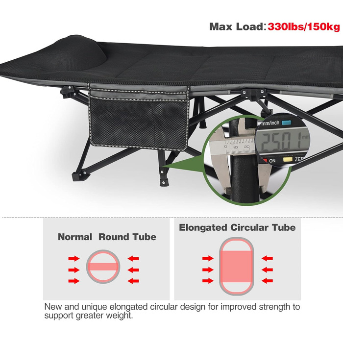 Кемпінгове ліжко REDCAMP XL з матрацом для дорослих, 226 кг, широке, розкладне, для відпочинку на природі, для гостей, для офісу, чорне