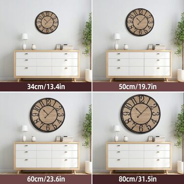 Large Wall Clock Without Ticking, 50 cm / Silent Wood Vintage Wall Clock Retro Battery Operated Modern For Living Room Bedroom, Kitchen, Farmhouse, Office Decoration (24 inches, Antique Bronze Metal - Arabic Numerals)