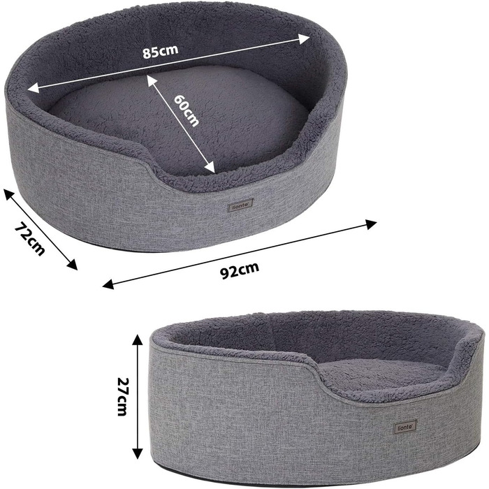 Lionto Dog Bed with Reversible Cushion and Washable Cover, Stable Dog Basket with Anti-Slip Studs, 92x72 cm, Cozy Pet Bed for Dogs and Cats with Plush, Grey