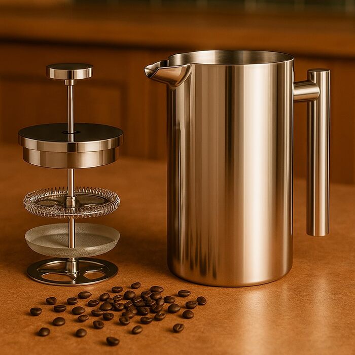 French Press Red Ember 1L з нержавіючої сталі - кавомашина з подвійними стінками, ізольована, нержавіюча, з 3-шаровим фільтром для насиченого смаку, ідеальна для дому та кемпінгу